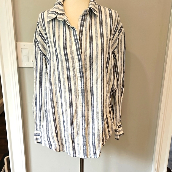 NWOT KELLY Felder Linen Blend Striped Beachy Coastal Button Down - Picture 1 of 12